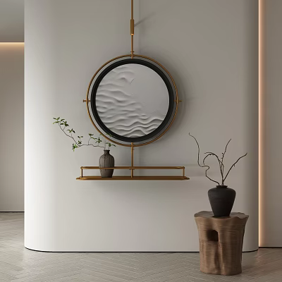 Abstract Painting With Circular Wave Texture Black Frame And Golden Stand On Minimalist Wall 3d model