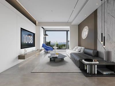Modern Living Dining Room Interior With Gray Sofa Blue Accent Chair And Scenic Window View 3d model