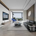 Modern Living Dining Room Interior With Gray Sofa Blue Accent Chair And Scenic Window View