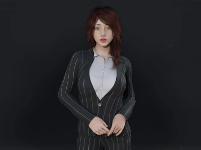 A Woman Wearing Striped Suit With White Shirt And Brown Hair Against Black Background 3d model