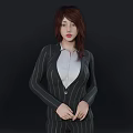 A Woman Wearing Striped Suit With White Shirt And Brown Hair Against Black Background