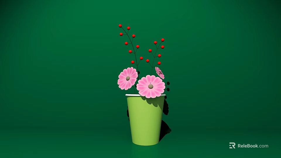 Commercial Decorative Equipment With Green Cup Pink Flowers And Red Berries On Green Background 3d model 