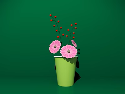 Commercial Decorative Equipment With Green Cup Pink Flowers And Red Berries On Green Background 3d model