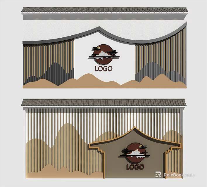 Chinese Style Feature Wall Design With Wooden Slats Mountain Pattern And Logo 3d model