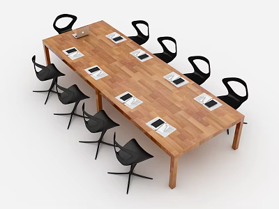 Modern Wooden Conference Table with Black Chairs and Documents on Top 3d model
