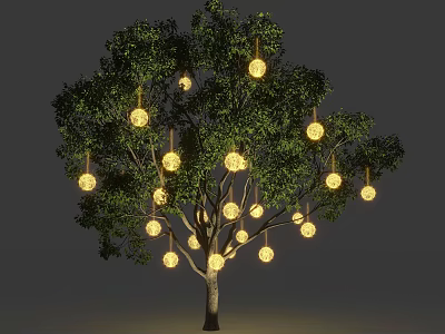 Hanging Round Decorative Lights Illuminated On Tree With Green Leaves 3d model