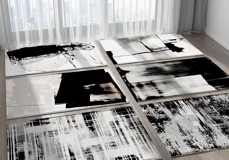 Square Rugs With Black And White Artistic Designs In Modern Room 3d model 