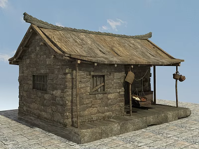 Traditional Stone House With Thatched Roof Wooden Windows And Porch Decorations 3d model