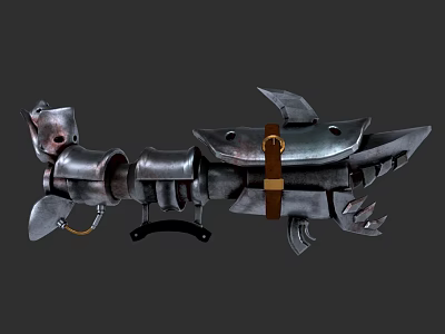 Intricate Metallic Mechanical Weapon Featuring Claw Blade And Leather Strap Design 3d model