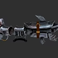 Intricate Metallic Mechanical Weapon Featuring Claw Blade And Leather Strap Design