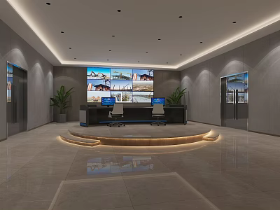 Modern Security Monitoring Room Interior With Multiple Screens Control Desk And Ergonomic Chairs 3d model