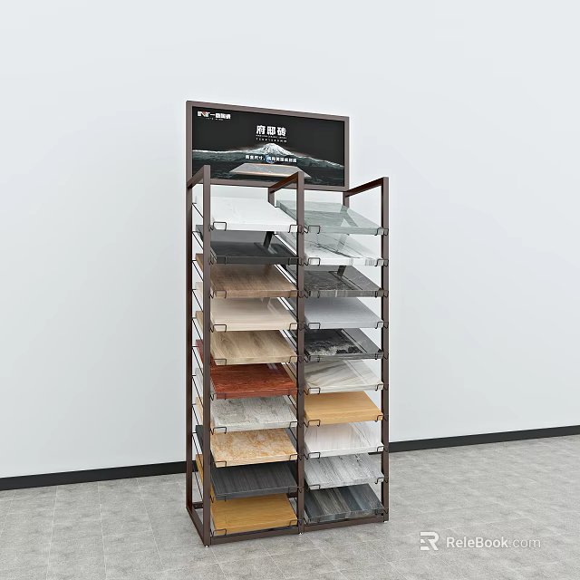 Multi Tiered Display Shelf Displaying Various Color Tile Samples For Kitchen Wall 3d model