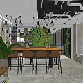 Modern Restaurant Interior With Gray Wall Shrimp Artwork Wooden Reception Counter Staircase And Metal Railing