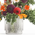 Elegant Decorative Ornament Arrangement With Mixed Flowers Green Foliage In Silver Striped Vase