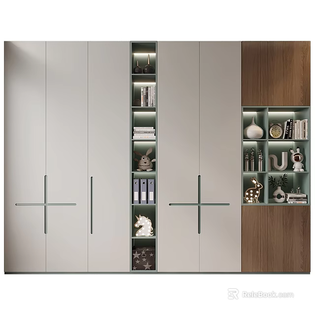 Modern White And Wooden Bookcase Interior With Open Shelves And Decorative Ornaments 3d model 