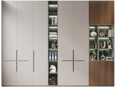 Modern White And Wooden Bookcase Interior With Open Shelves And Decorative Ornaments 3d model