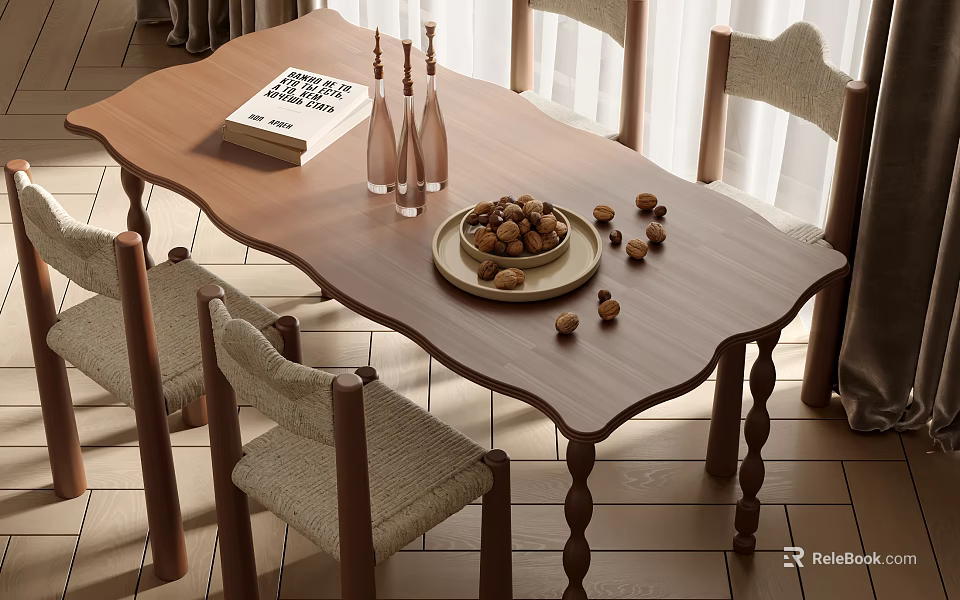 Wooden Dining Table Set With Upholstered Chairs Book Glass Vases And Nut Bowl 3d model 