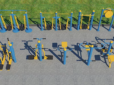 Outdoor Sports Equipment Various Fitness Gear Blue and Yellow on Gray Ground with Green Grass 3d model