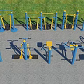 Outdoor Sports Equipment Various Fitness Gear Blue and Yellow on Gray Ground with Green Grass