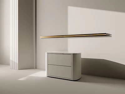 Minimalist White Two Drawer Nightstand With Floating Golden Strip In Bright Room Interior 3d model