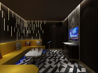 Modern KTV Room Interior With Yellow Sofa Black White Geometric Floor And TV Screen 3d model