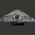 Cartoon Style Thatched Roof Cottage With Stone Walls And Small Doorway
