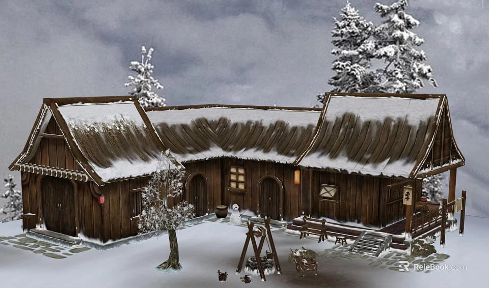 Wooden Cottage in Snowy Scene With Snow Covered Trees and Courtyard 3d model 