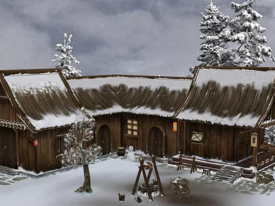 Wooden Cottage in Snowy Scene With Snow Covered Trees and Courtyard 3d model