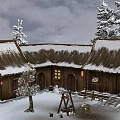Wooden Cottage in Snowy Scene With Snow Covered Trees and Courtyard
