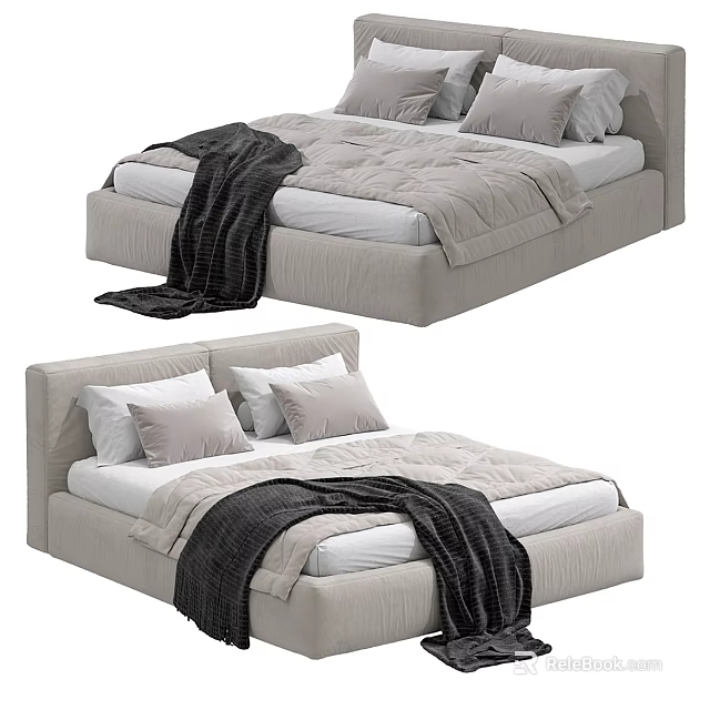 Modern Upholstered Bed Interior With Light Gray Bedding And Dark Throw Blanket 3d model