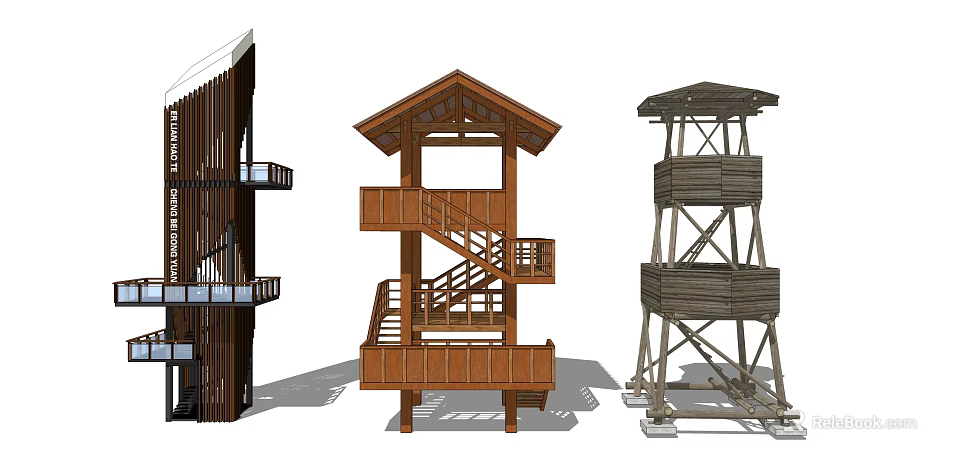 Diverse Wooden Tower Structures With Multi Level Design Balconies And Staircases 3d model