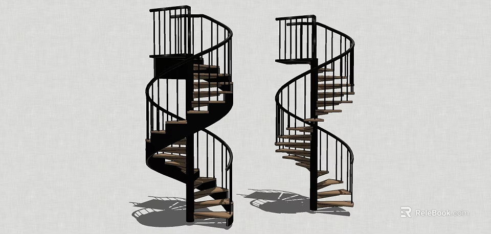 Two Modern Spiral Staircases With Metal Railings And Wooden Steps 3d model 