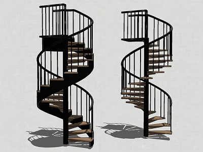 Two Modern Spiral Staircases With Metal Railings And Wooden Steps 3d model