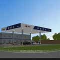 Modern Gas Station With Fuel Pumps Cars Lawn And Trees Signage