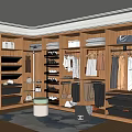 Modern Walk in Closet Interior With Wooden Cabinets Hanging Clothes Folded Garments Shoes And Bags