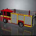 Red And Yellow Fire Truck With Ladder And Rescue Sign On Reflective Surface