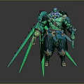 Green And Blue Armored Muscular Warrior With Spiked Blades And Ornate Details
