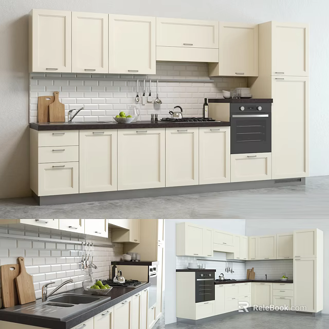 Modern White Kitchen Interior With Cabinets Countertop Sink Cutting Board And Fruits 3d model 