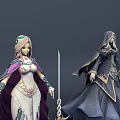 Game And Movie Female Fantasy Characters With Elaborate Costumes Sword And Floral Decorations