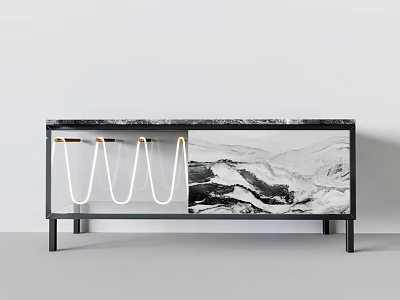 Modern Entryway Cabinet Sideboard With Marble Top Black White Design And Neon Light Strip 3d model