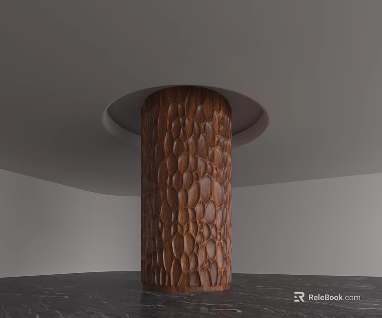 Brown Textured Column In Modern Minimalist Interior With Gray Walls And Black Floor 3d model 