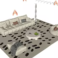 Modern Beige Sofa and Round Coffee Table Set with Throw Pillows Green Plant Spotted Rug