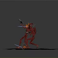 Red Robotic Game Movie Characters With Weapons Standing On Volcanic Lava Ground