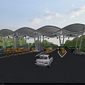 Modern Wave Shaped Toll Booth With Vehicles Passing Through Lanes And Green Surroundings