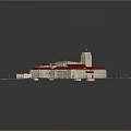 Cartoon Scene of Building Complex With Red Roofs Tower Plaza Roads And Green Areas