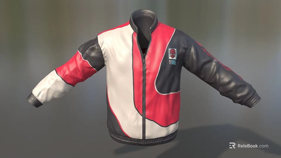 Stylish Leather Jacket With Red White Black Color Block Design Front Zipper And Embroidered Badge 3d model 