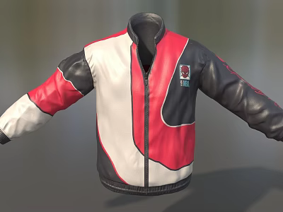 Stylish Leather Jacket With Red White Black Color Block Design Front Zipper And Embroidered Badge 3d model