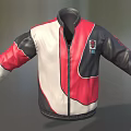 Stylish Leather Jacket With Red White Black Color Block Design Front Zipper And Embroidered Badge