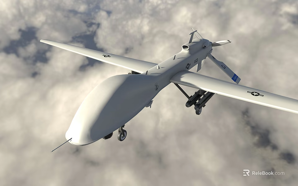 US Air Force Fighter Jet Drone Flying With Weapons In Cloudy Sky 3d model 