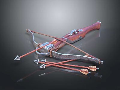 Medieval Crossbow With Wooden Stock Metal Components And Arrows On Dark Surface 3d model